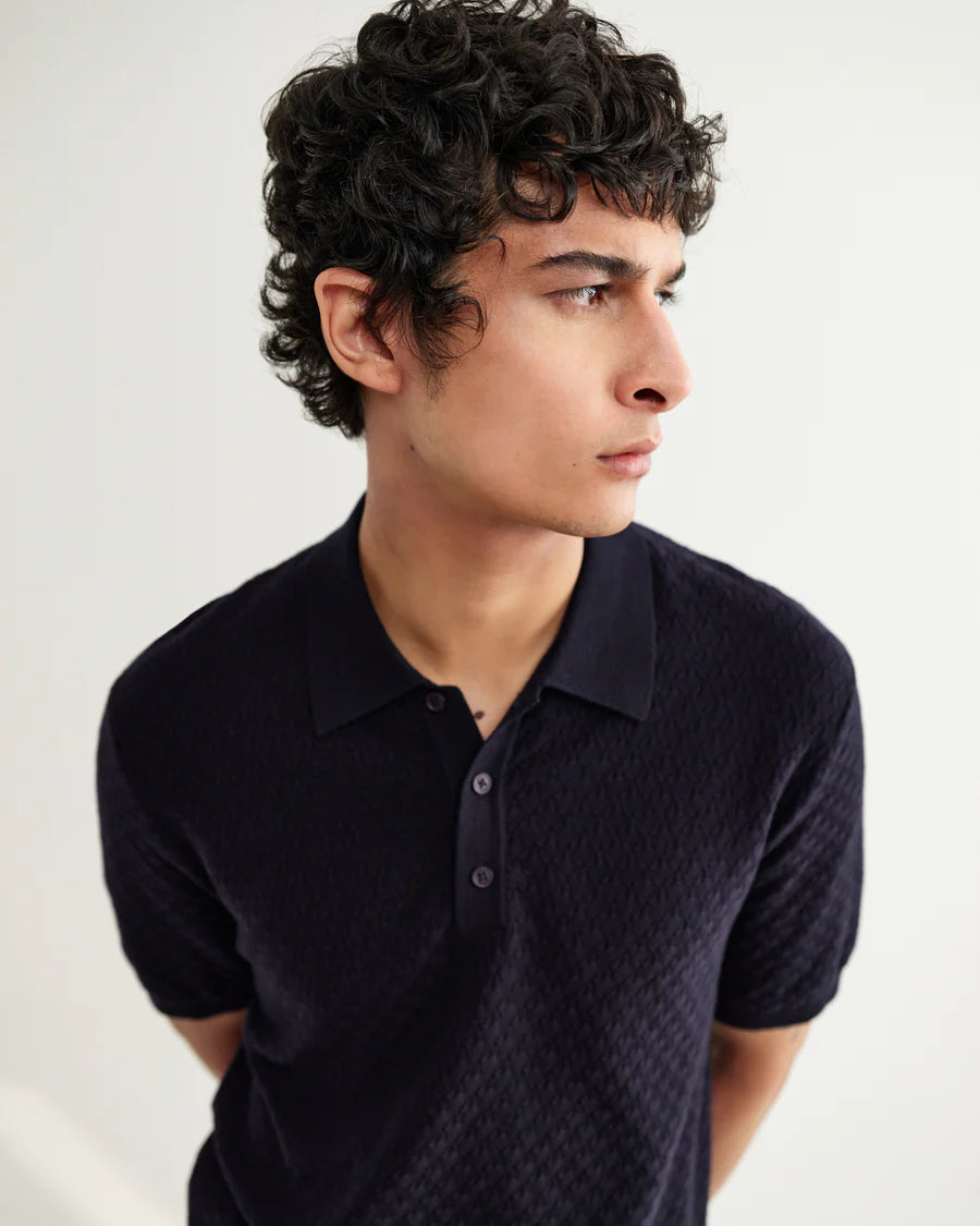 Naples - Retro Diamond Knitted Polo- Navy