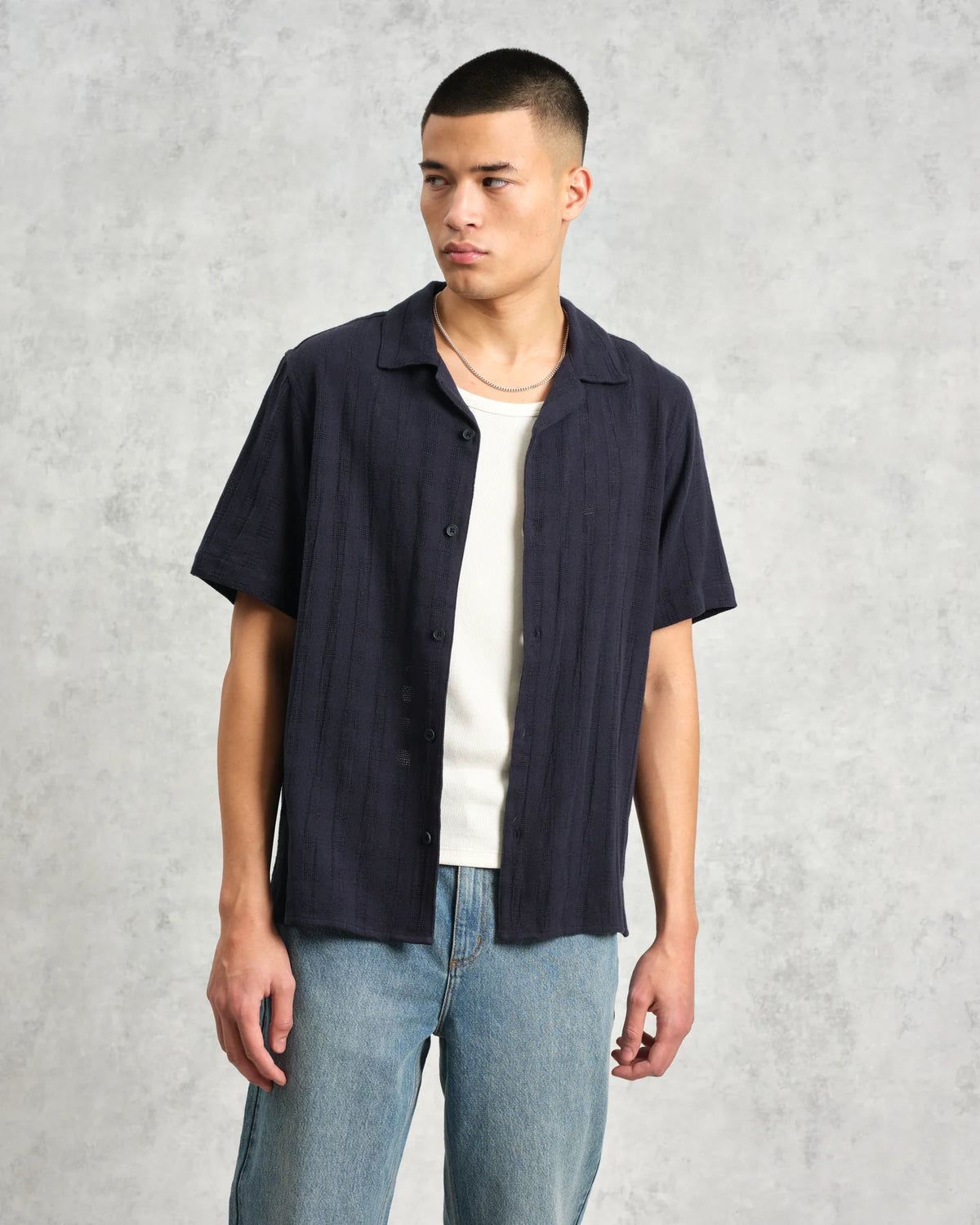 Didcot Open Weave Cotton Short-Sleeve Shirt - Navy