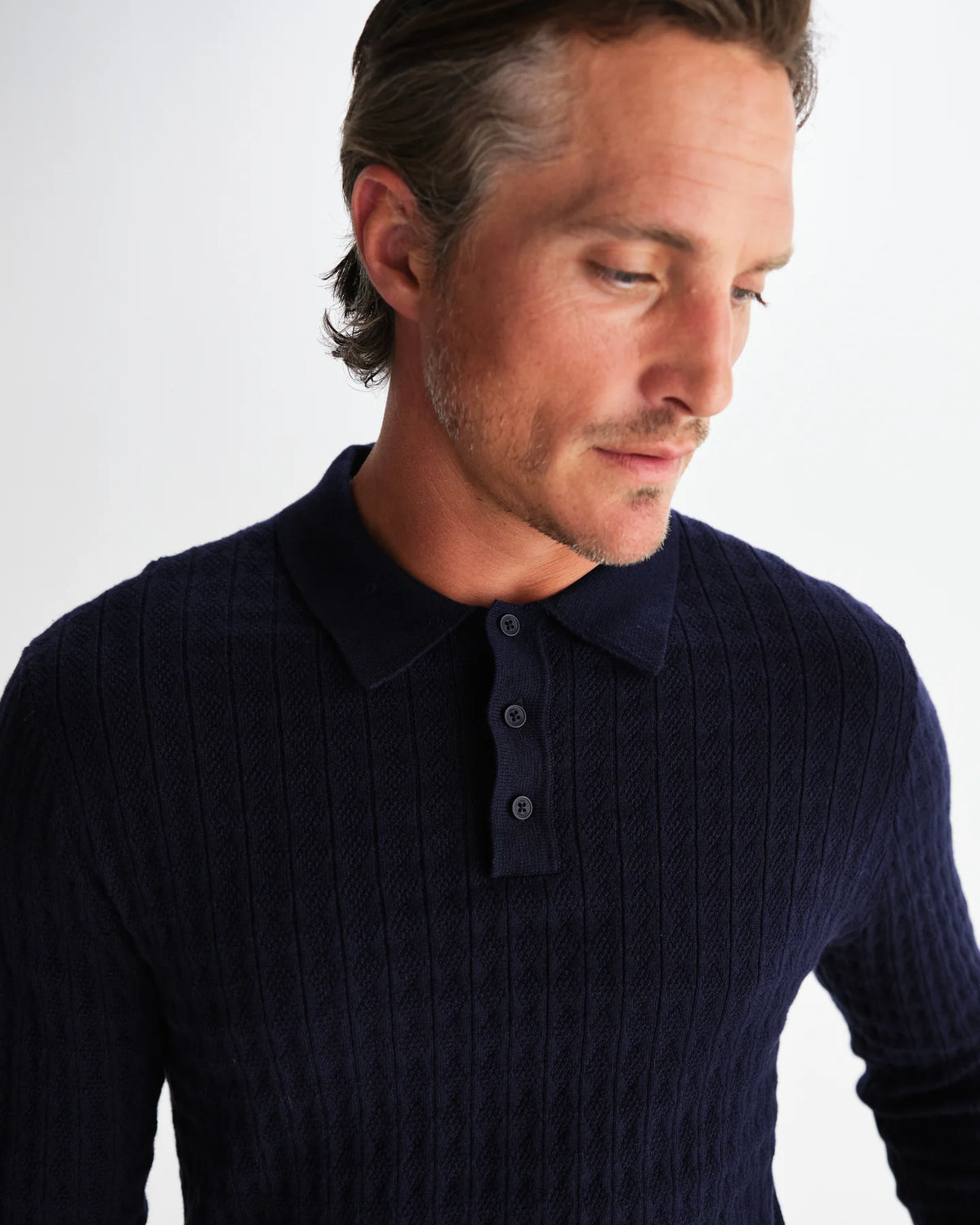 Oban Diamond Stripe Knitted Polo - Navy
