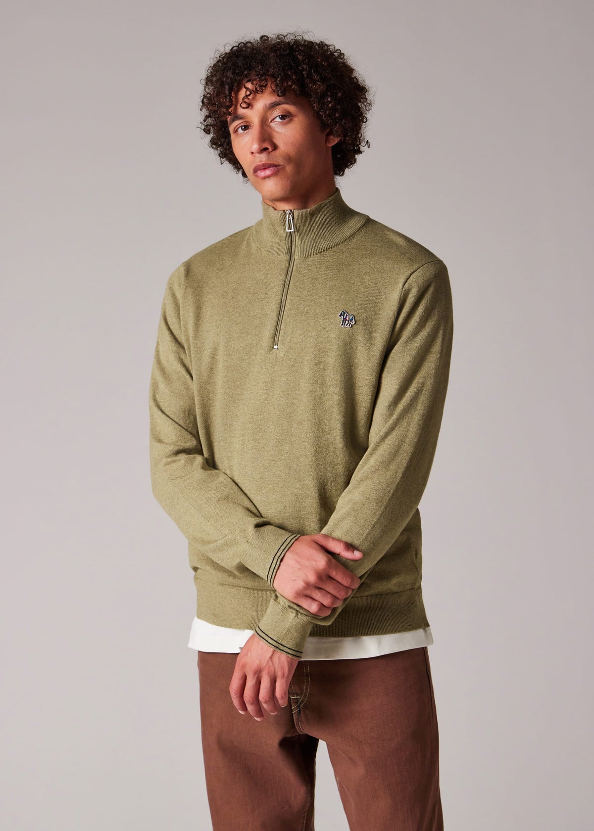 Half Zip Zebra Knitwear Sweater - Brown