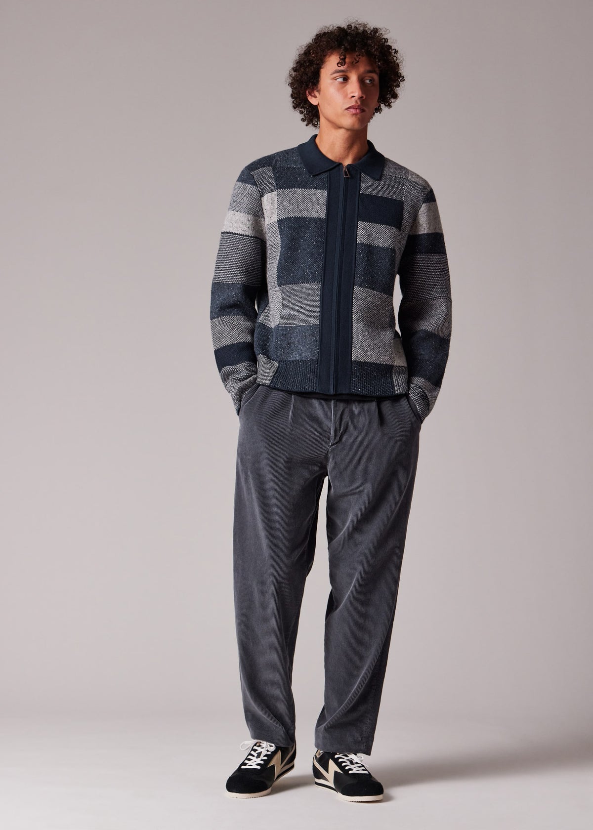 Tonal Knitted Patchwork Zip-Through Cardigan - Navy