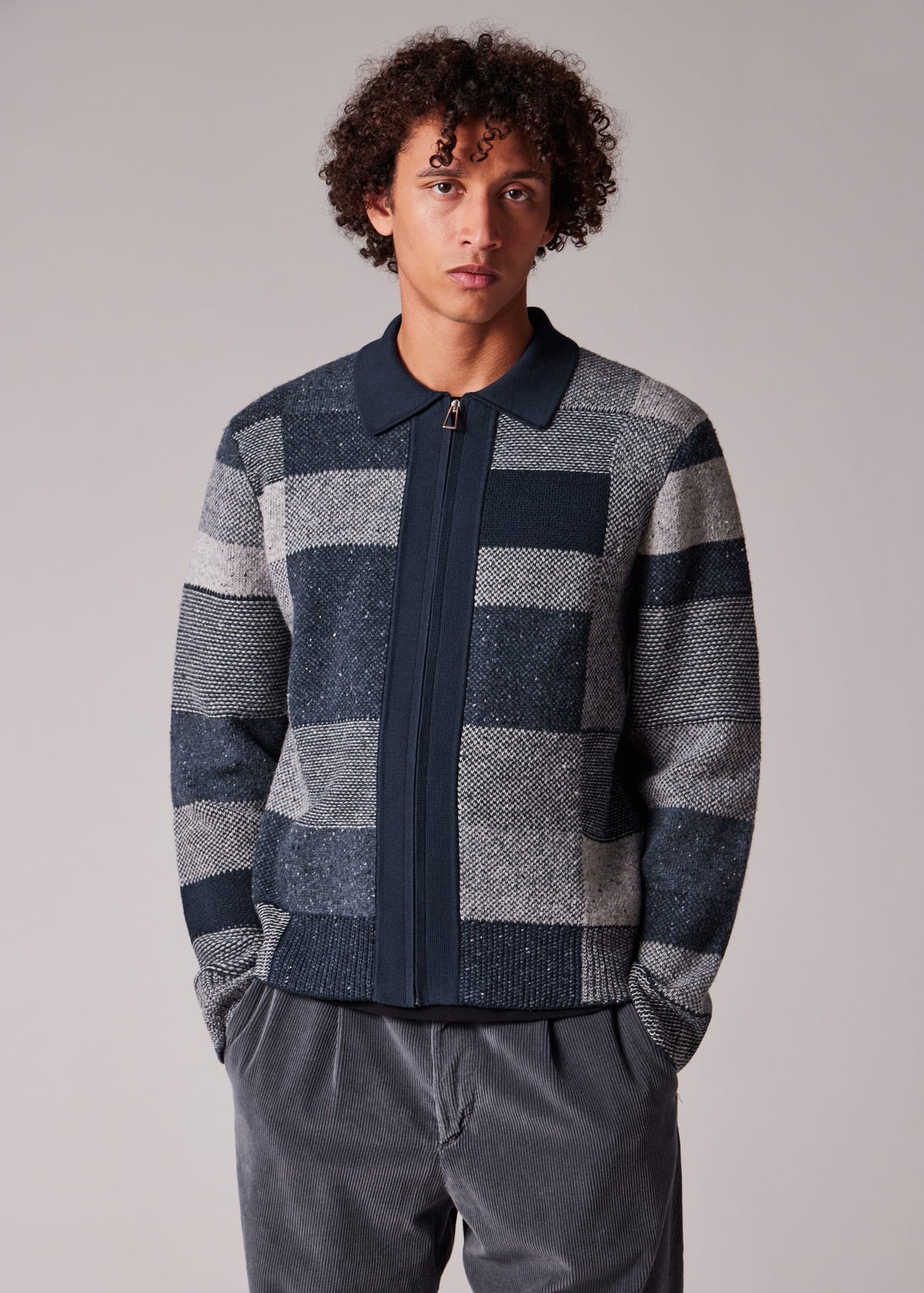Tonal Knitted Patchwork Zip-Through Cardigan - Navy