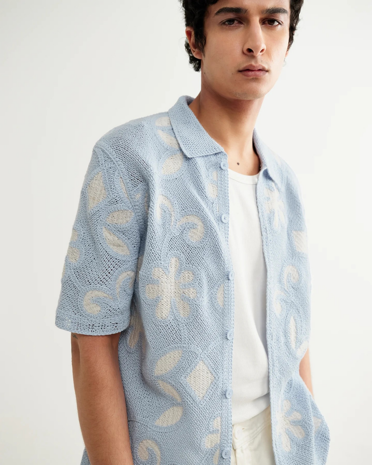 Porto Doodle Crochet Knitted Polo - Cream/Sky