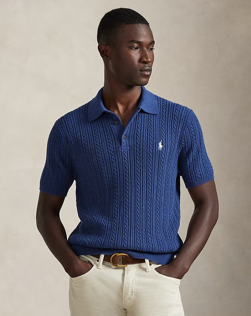 Cable-Knit Cotton Polo Jumper- Rustic Navy Heather