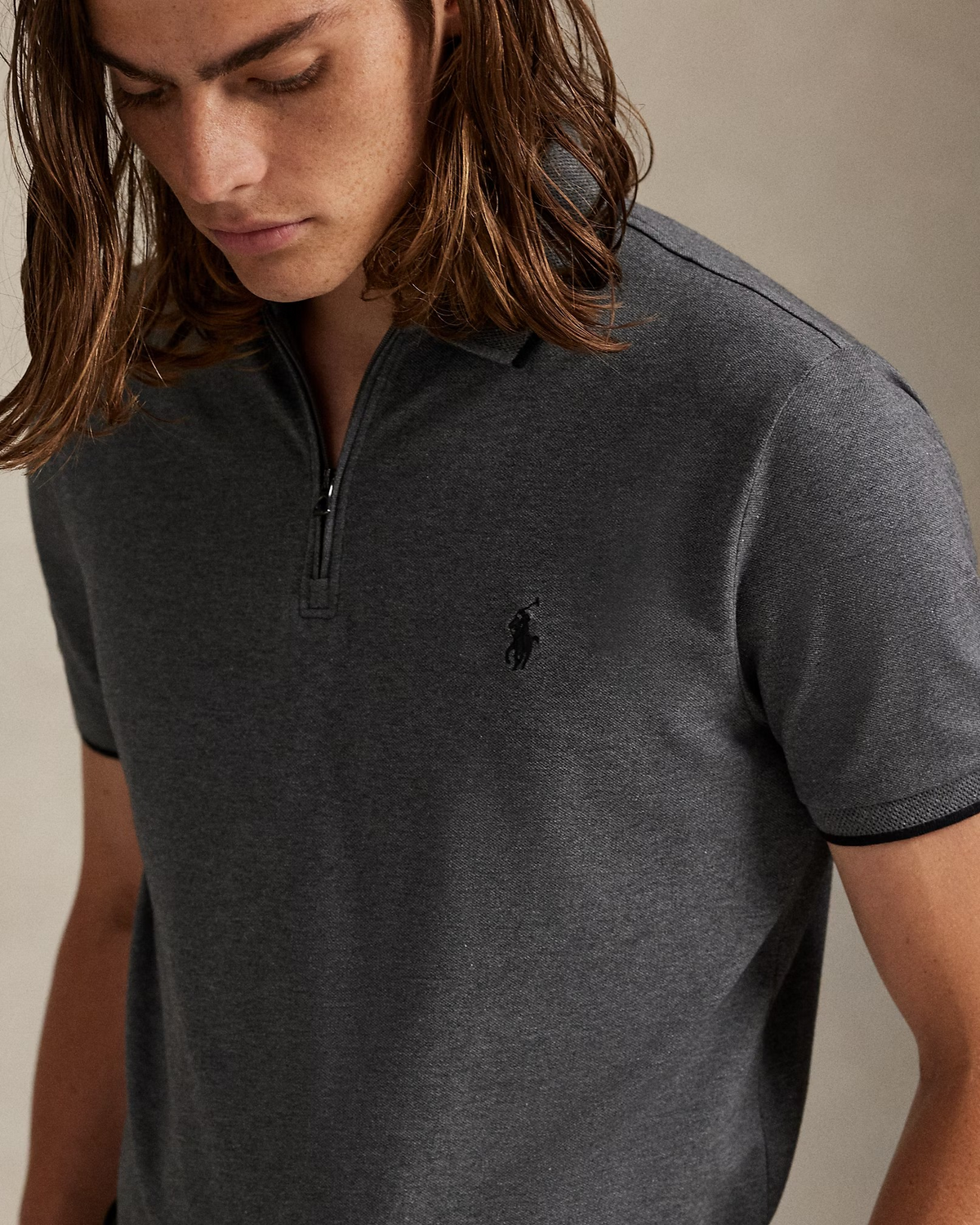 Custom Slim Fit Stretch Mesh Zip Polo Shirt - Grey