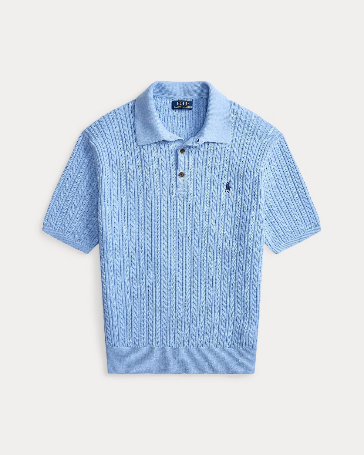 Cable-Knit Cotton Polo Jumper- Light Blue Heather