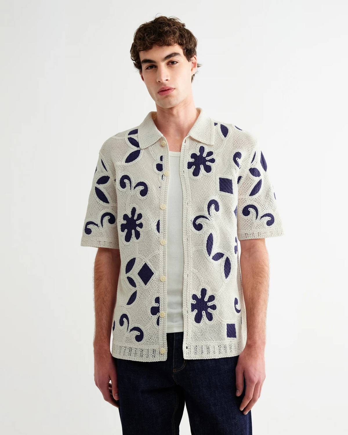 Porto Doodle Crochet Knitted Polo - Cream/Navy