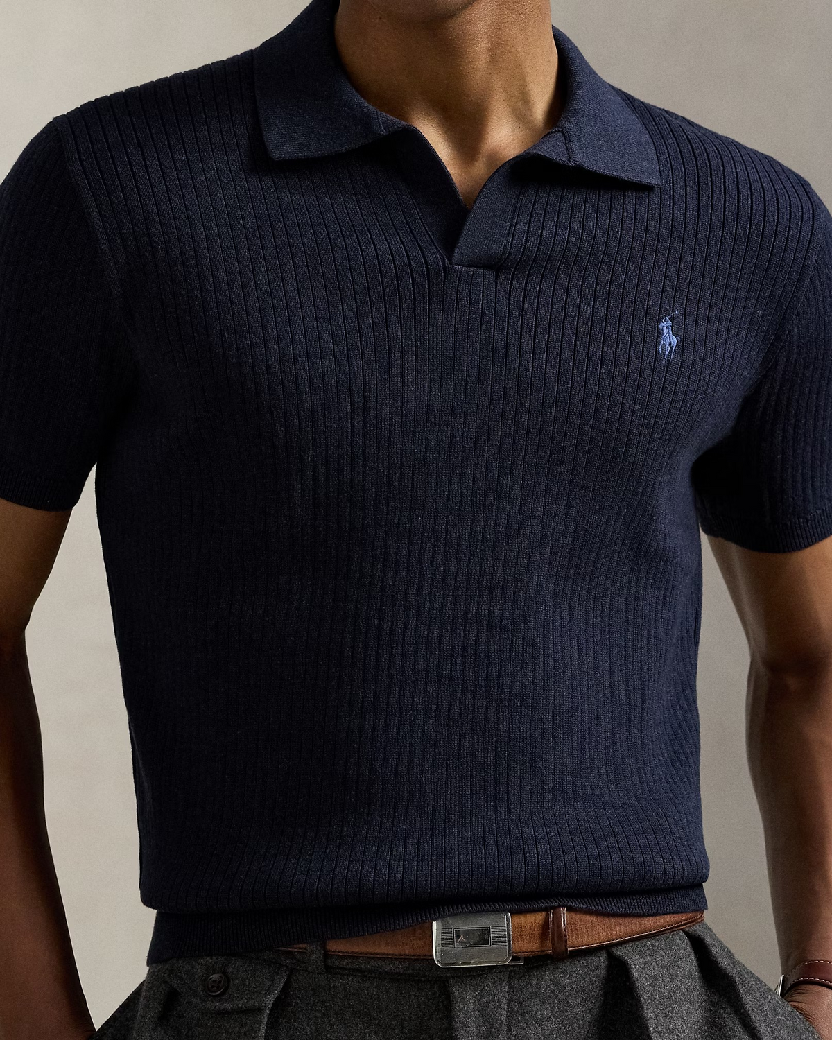 Rib-Knit Cotton Johnny-Collar Polo - Navy