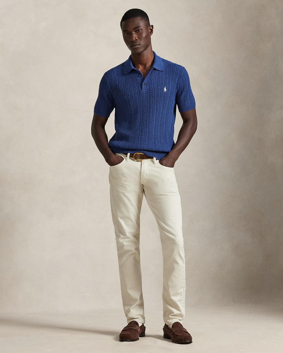 Cable-Knit Cotton Polo Jumper- Rustic Navy Heather