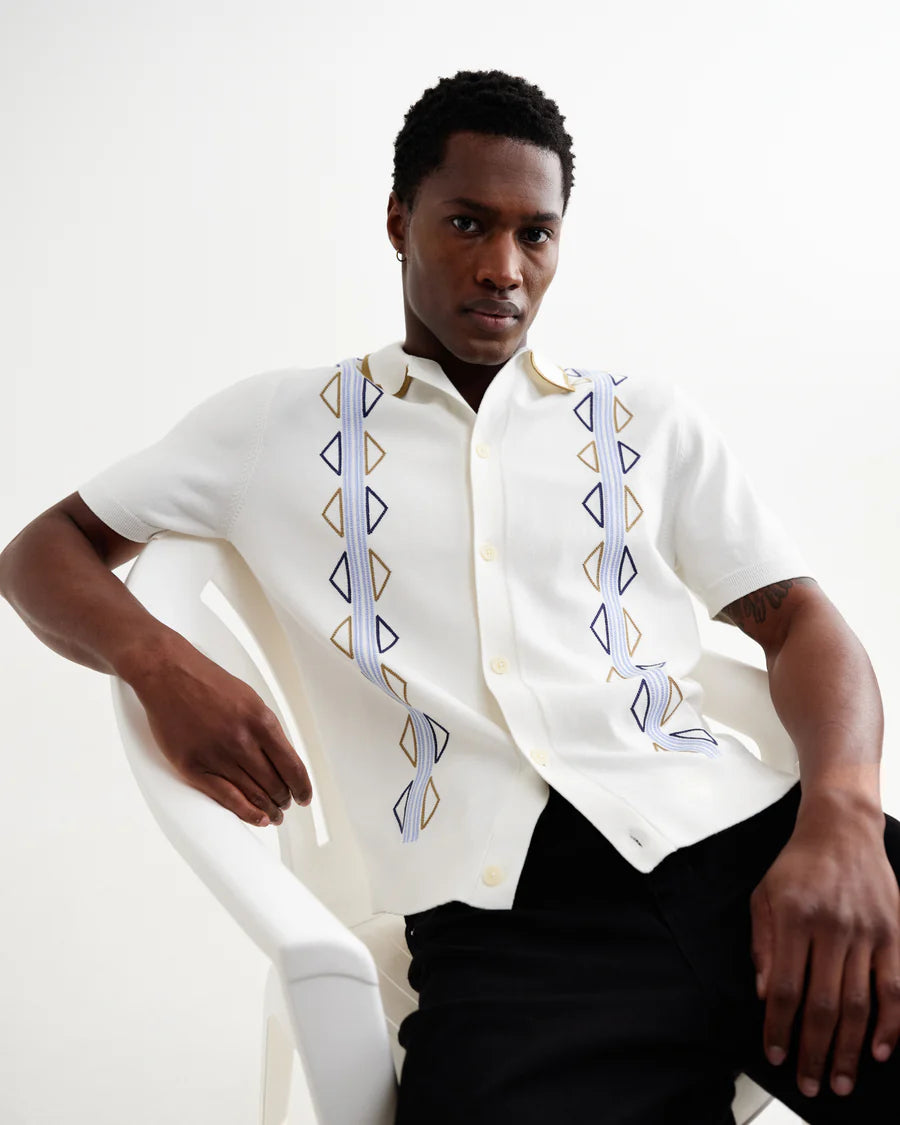 Tellaro - Ecru And Blue Retro Embroidered Shirt- Ecru and Blue