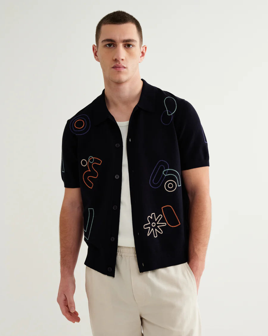 Tellaro - Embroidered Shirt- Navy And Multicolour Shapes