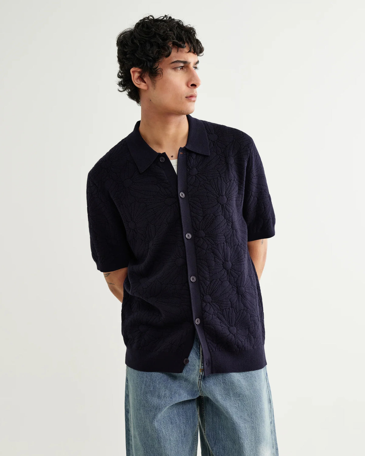 Tellaro- Flower Jacquard Shirt- Navy
