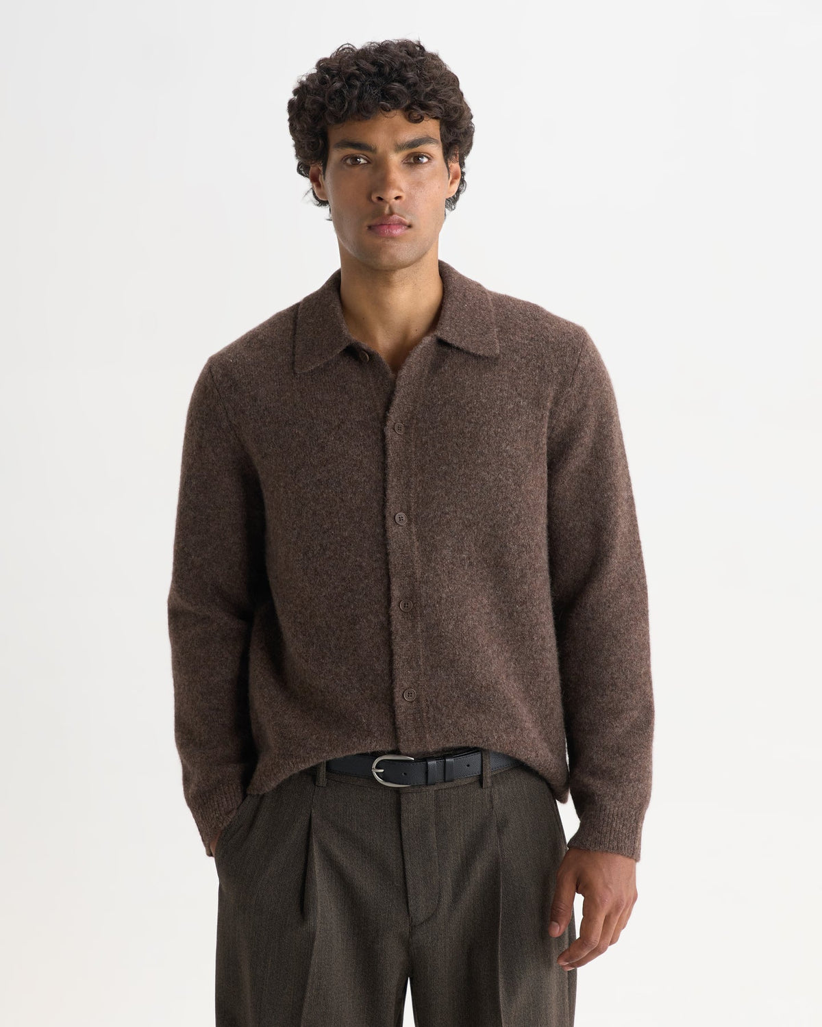 Tristan Long-Sleeve Knitted Polo - Brown