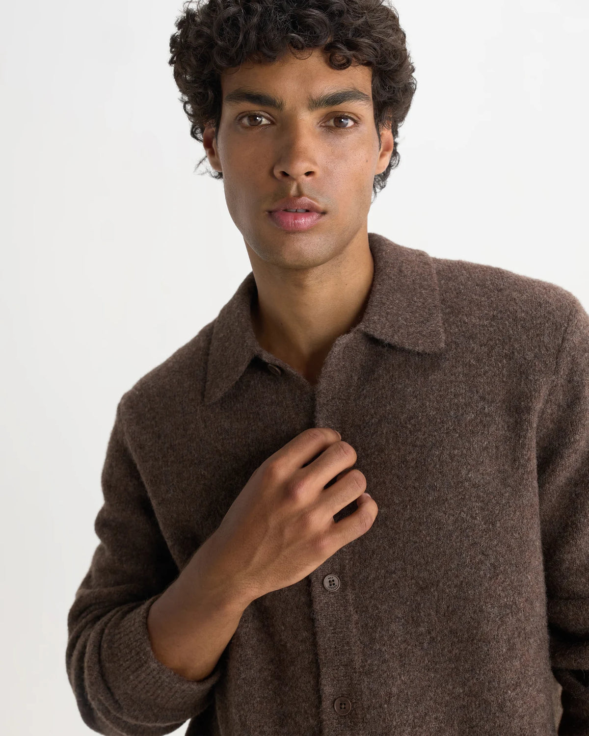Tristan Long-Sleeve Knitted Polo - Brown