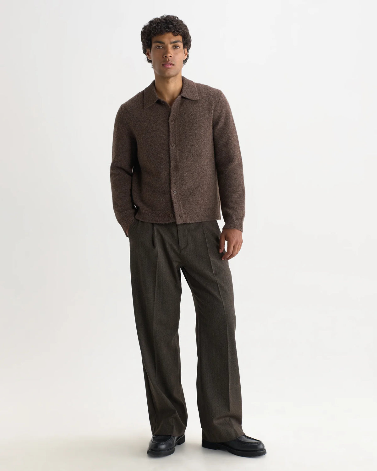 Tristan Long-Sleeve Knitted Polo - Brown