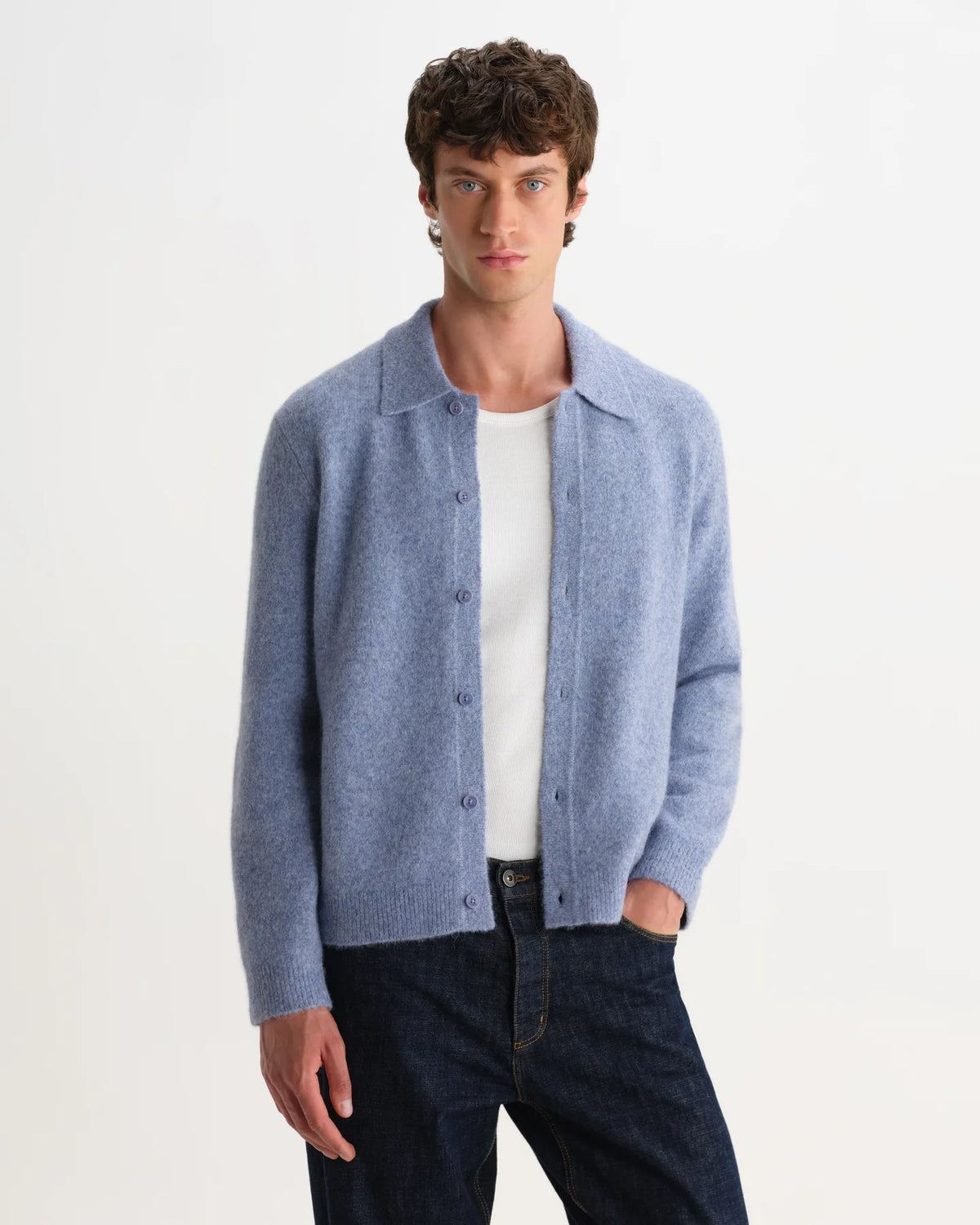 Tristan Long-Sleeve Knitted Polo - Blue