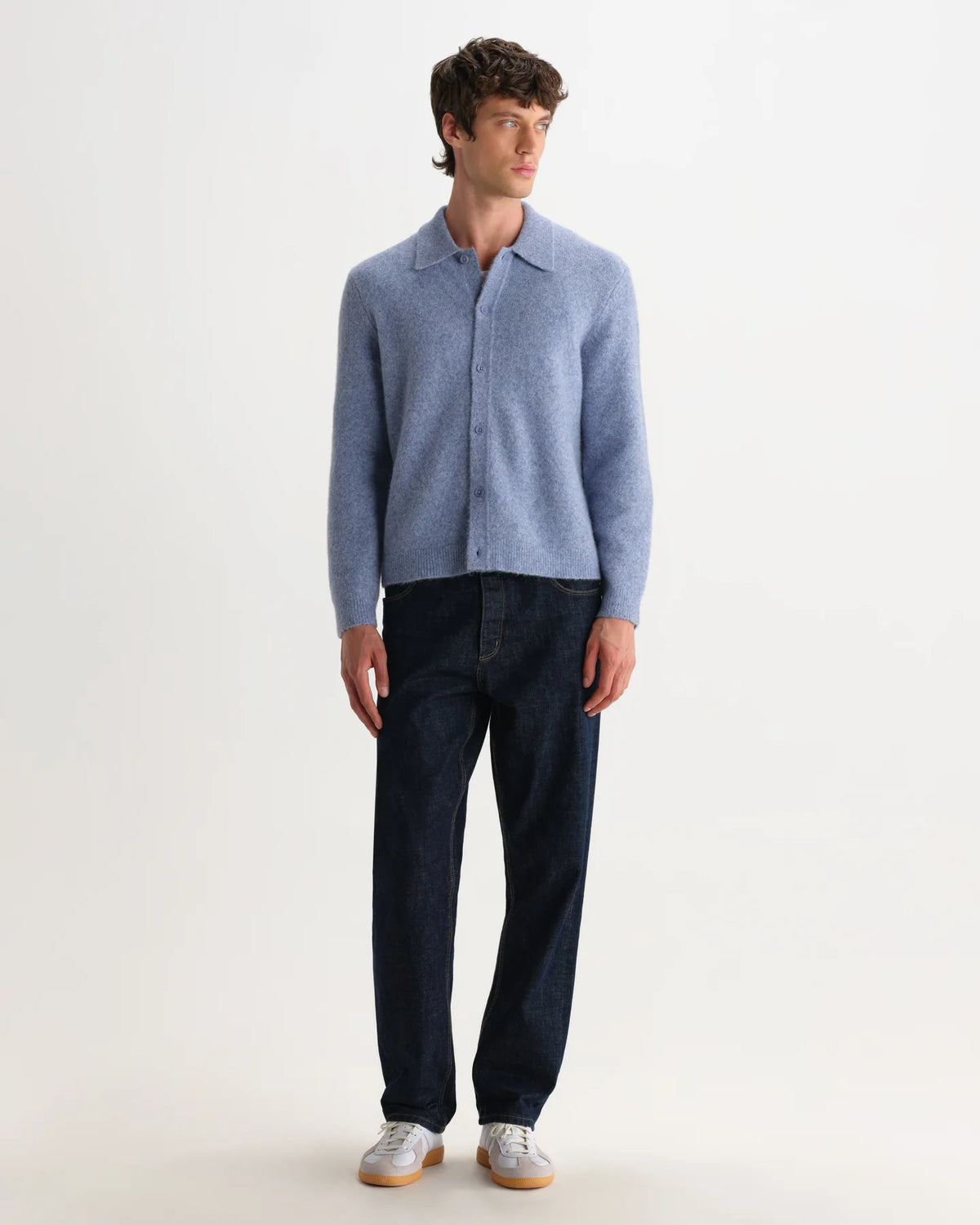 Tristan Long-Sleeve Knitted Polo - Blue