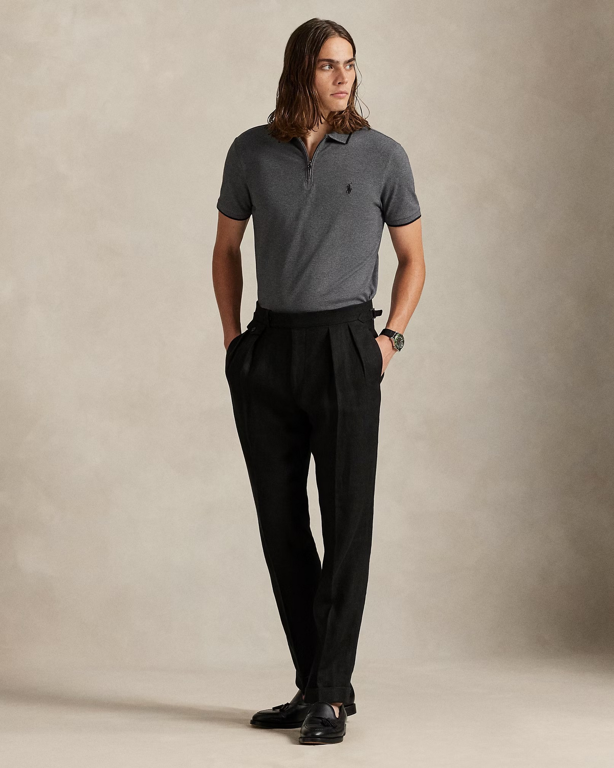 Custom Slim Fit Stretch Mesh Zip Polo Shirt - Grey