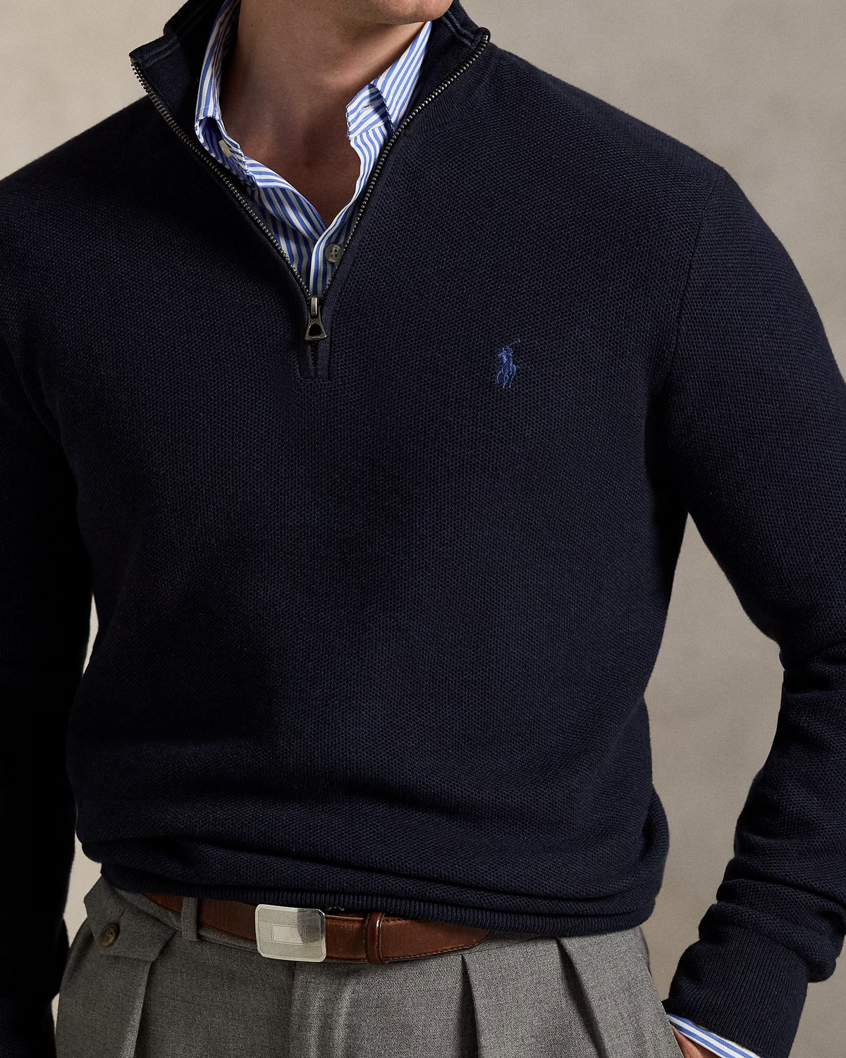 Quarter Zip Textured Mesh Knit Jumper - Navy