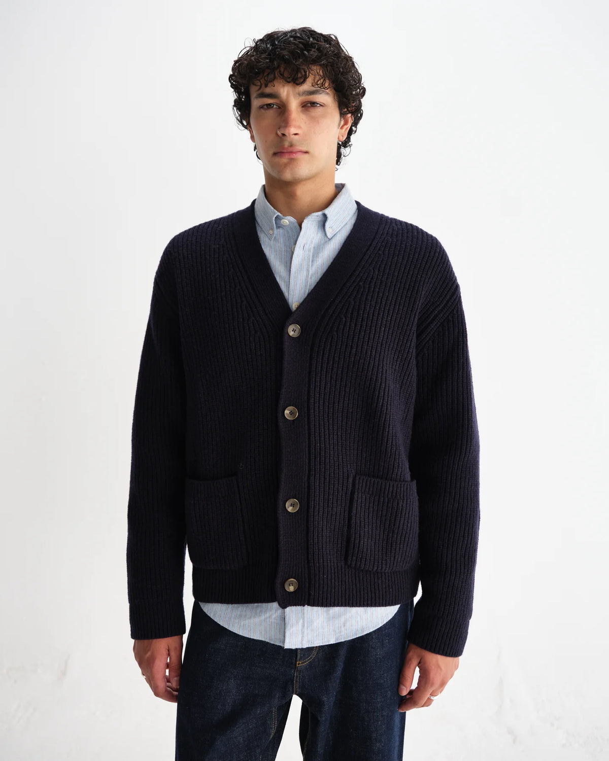 Walker Rib Stitch Knit Cardigan - Navy