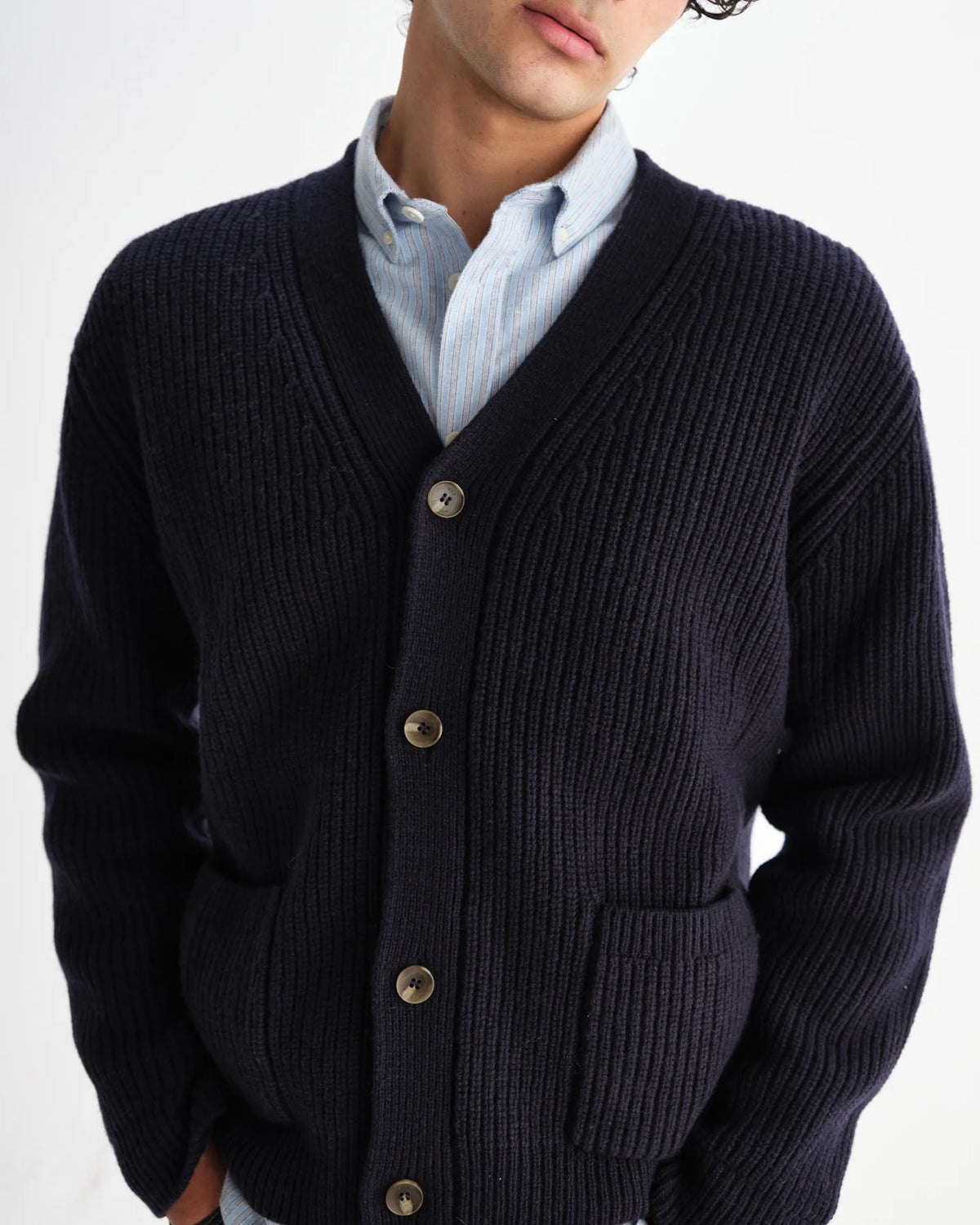 Walker Rib Stitch Knit Cardigan - Navy