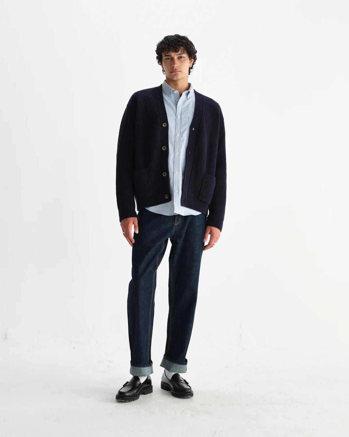 Walker Rib Stitch Knit Cardigan - Navy
