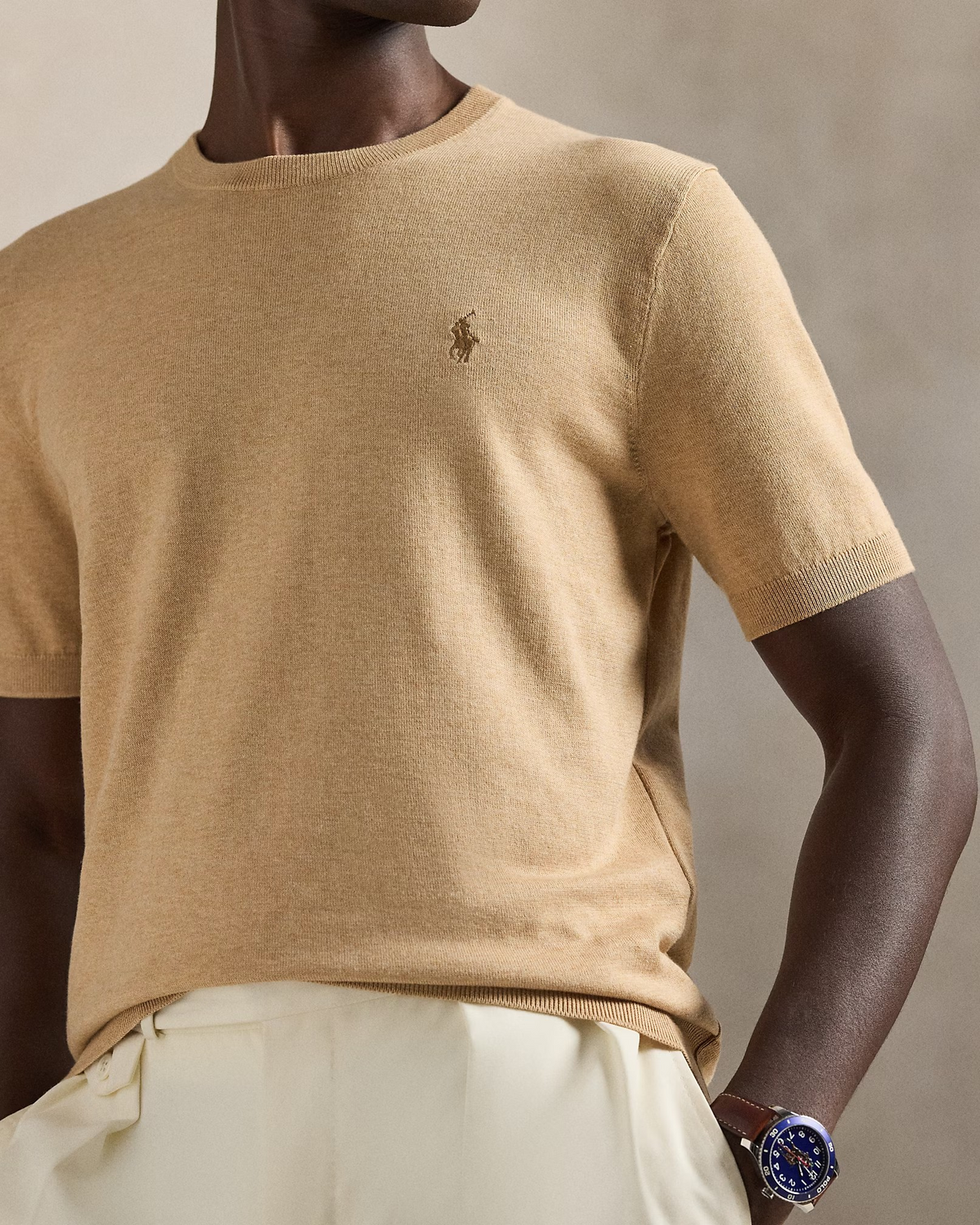 Knitted Cotton Crewneck T-Shirt - Beige