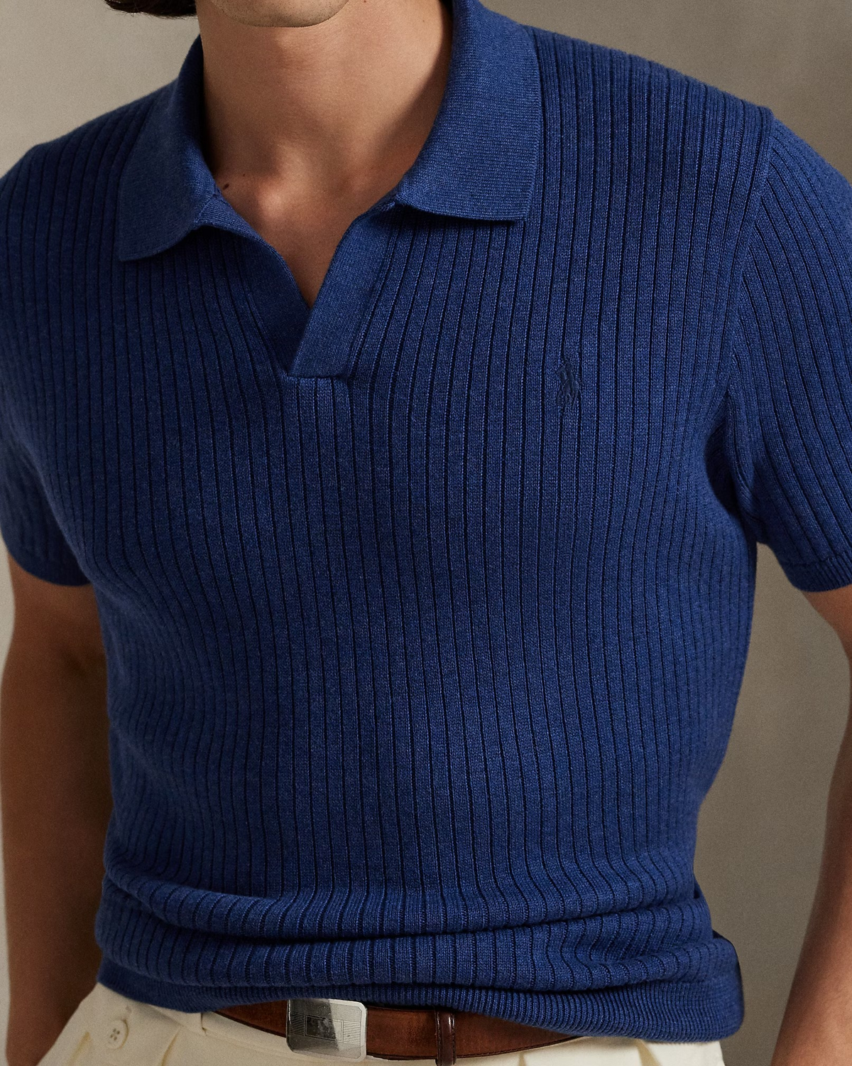 Rib-Knit Cotton Johnny-Collar Polo - Heather Blue