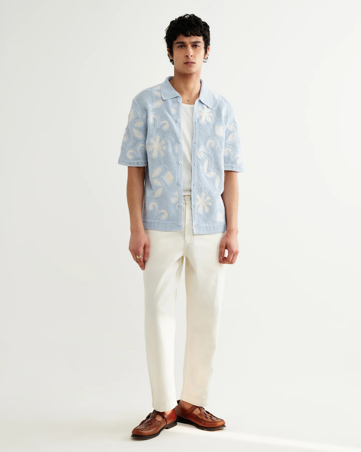 Porto Doodle Crochet Knitted Polo - Cream/Sky