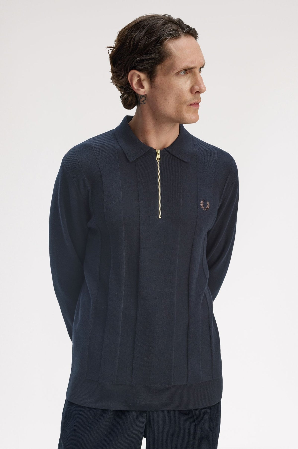 Tonal Stripe Knitted Zip Shirt - Navy