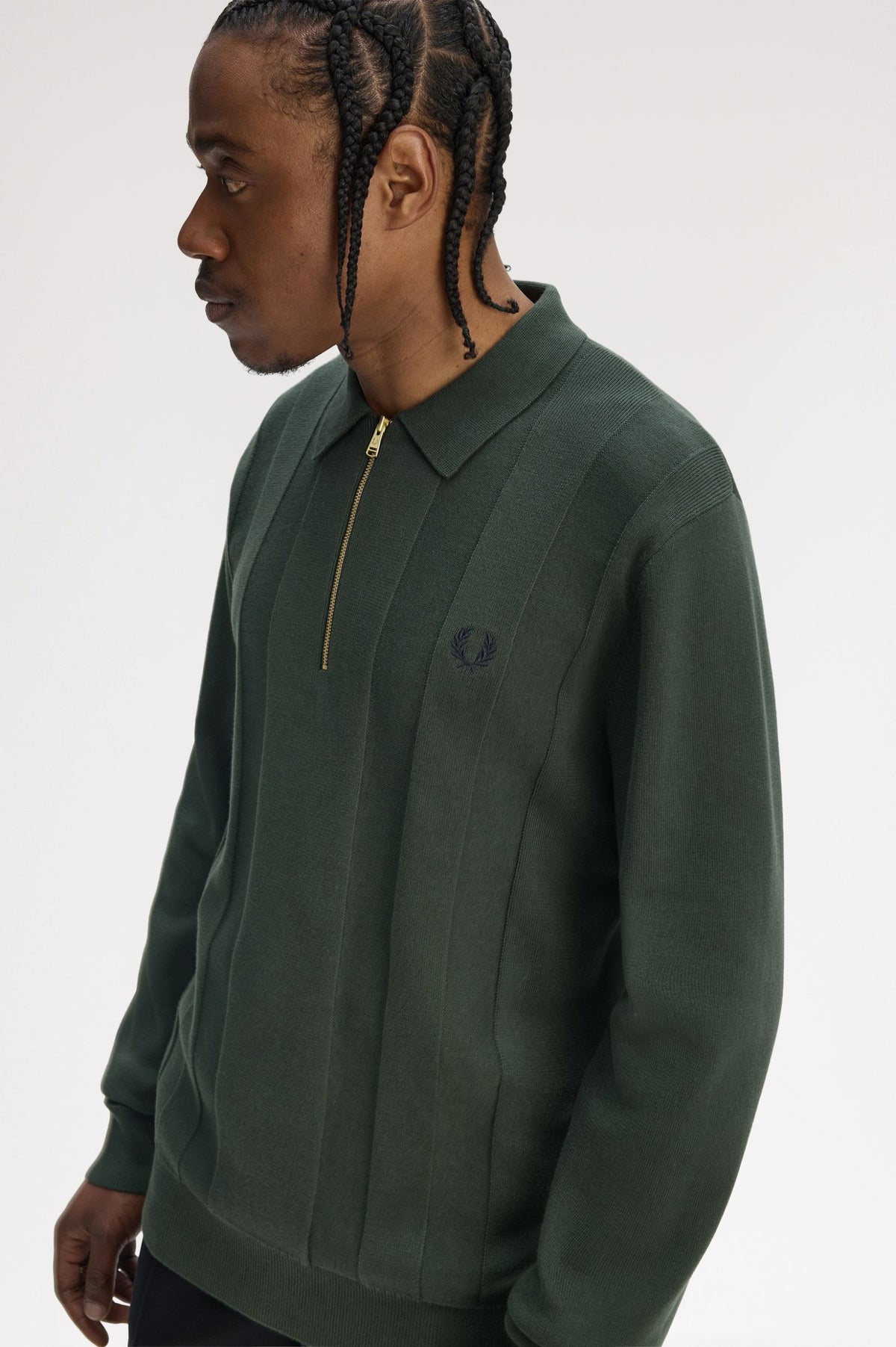 Tonal Stripe Knitted Zip Shirt - Olive Green